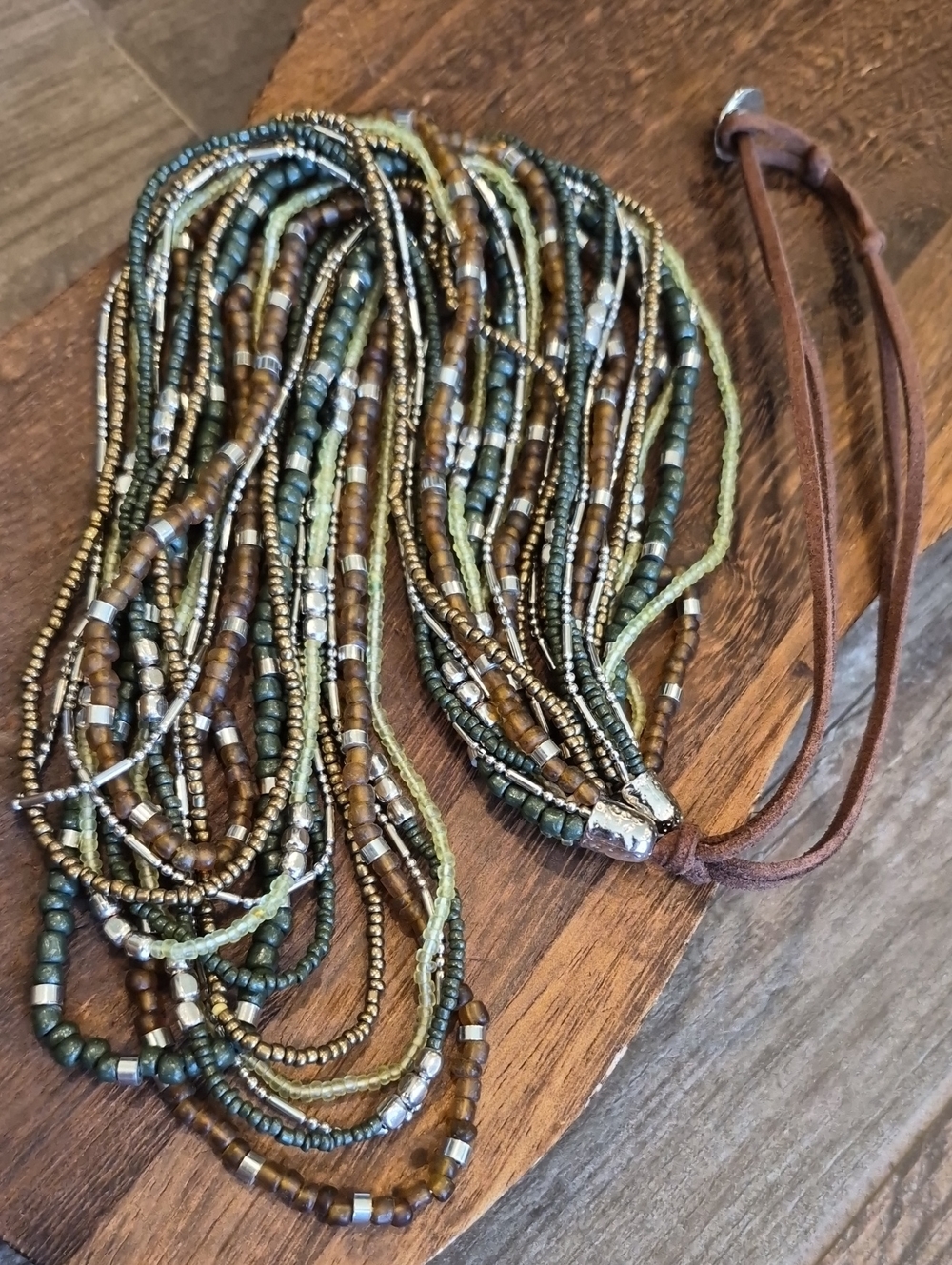 Multistrand Brown & Green Hues Silver Tone Hardware Brown Suede Cord Necklace - Picture 2 of 13